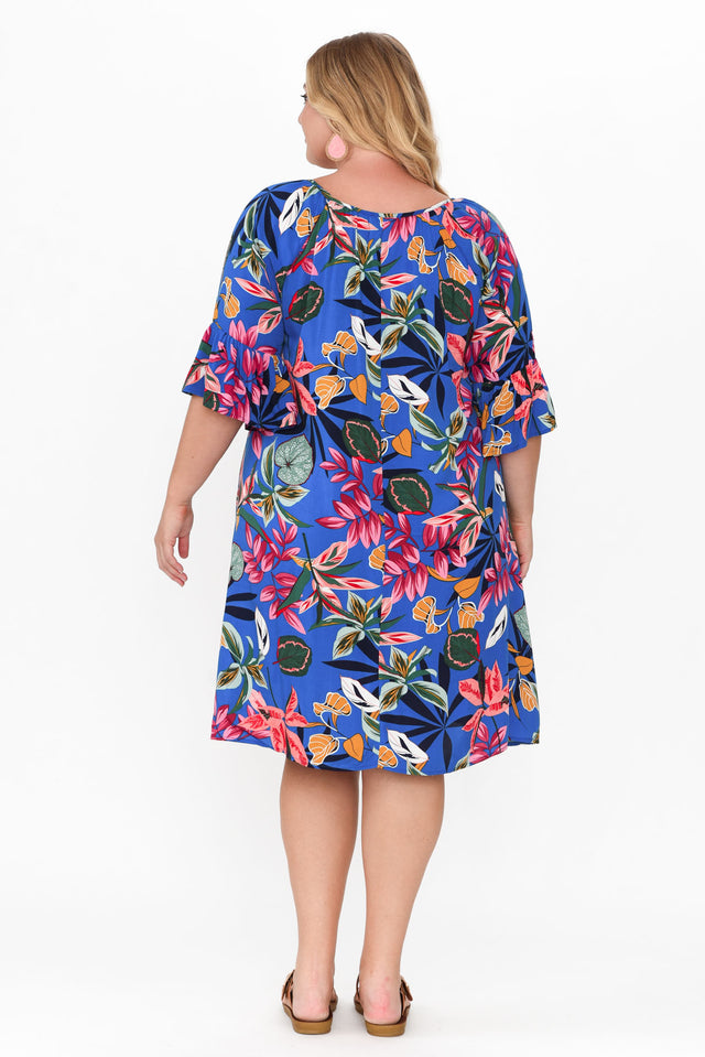 Sophia Blue Tropical Bell Sleeve Dress