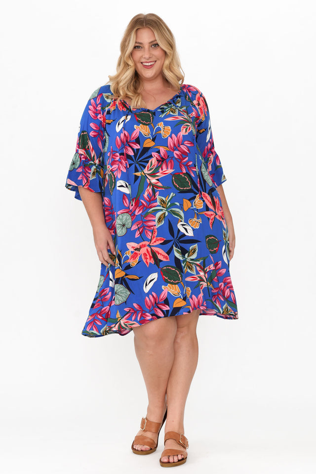 Sophia Blue Tropical Bell Sleeve Dress