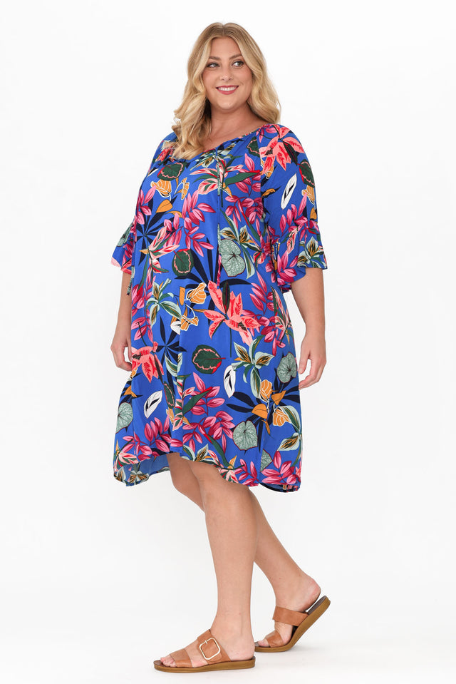 Sophia Blue Tropical Bell Sleeve Dress