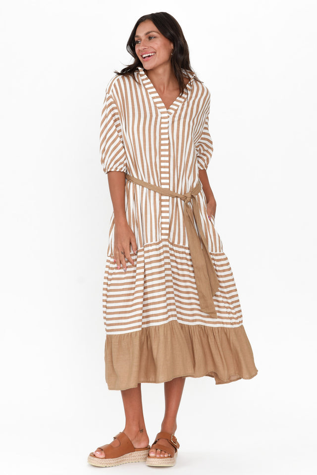 Timon Tan Stripe Cotton Blend Dress